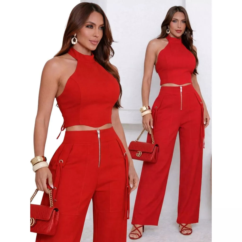 Conjunto Alfaiataria Cropped + Calça Pantalona