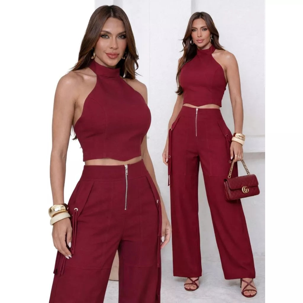 Conjunto Alfaiataria Cropped + Calça Pantalona