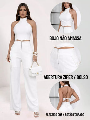 Conjunto Alfaiataria Cropped + Calça Pantalona